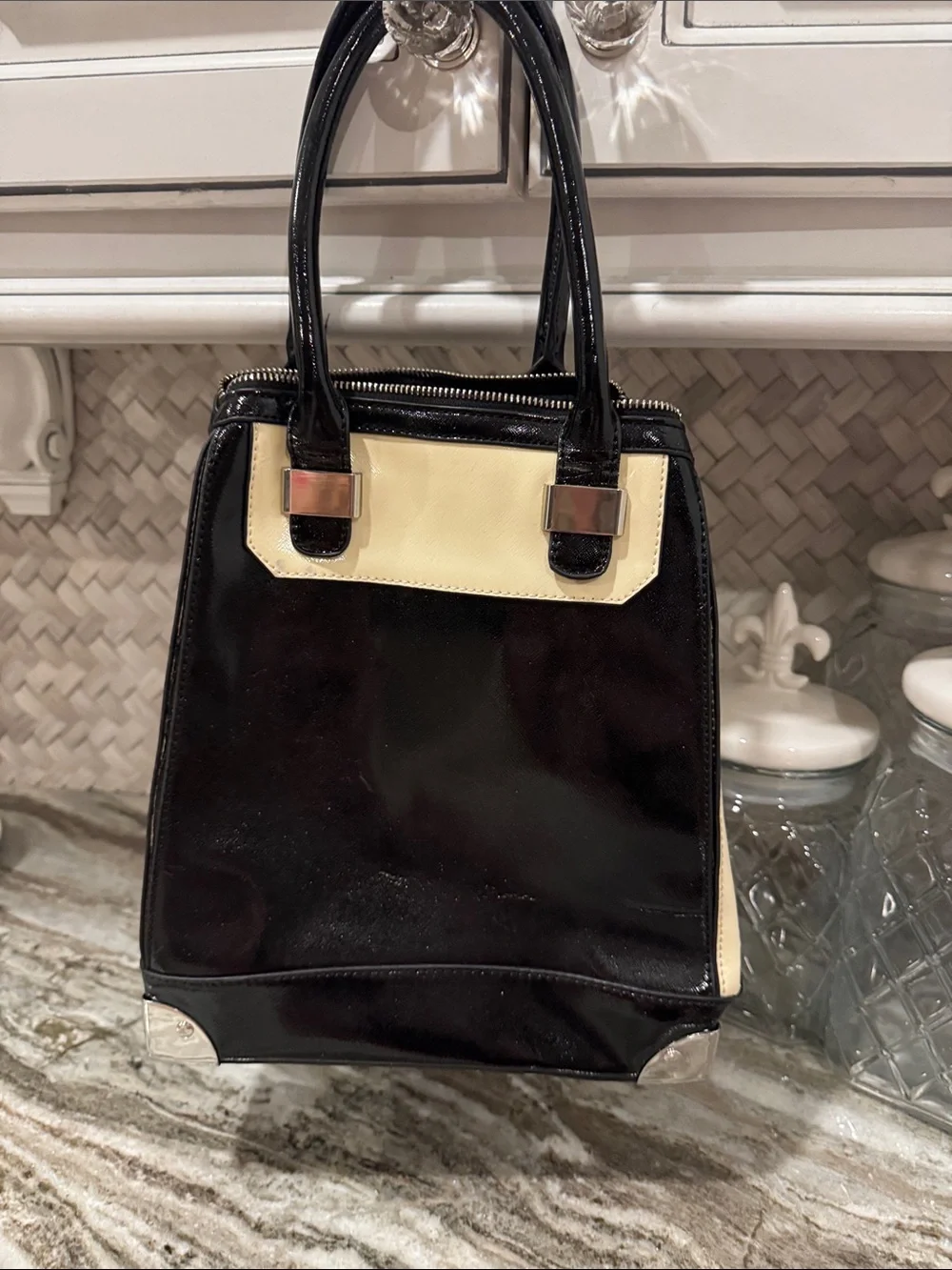 Patent Black and Cream Satchel with Silver Accents